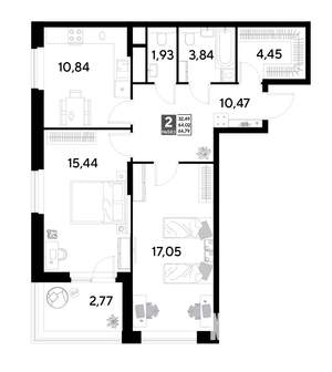 2-к квартира, строящийся дом, 67м2, 22/25 этаж