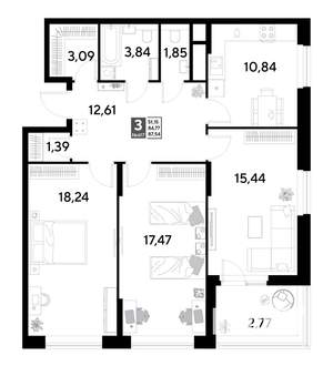 3-к квартира, строящийся дом, 88м2, 25/25 этаж