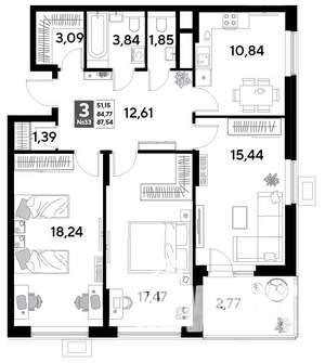 3-к квартира, строящийся дом, 88м2, 4/25 этаж