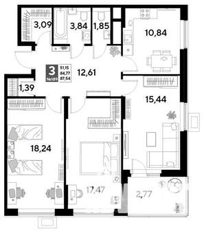 3-к квартира, строящийся дом, 88м2, 16/25 этаж