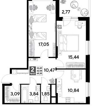 2-к квартира, вторичка, 65м2, 11/25 этаж