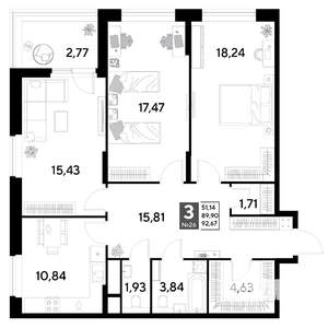 3-к квартира, строящийся дом, 93м2, 4/25 этаж