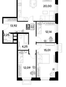 3-к квартира, строящийся дом, 80м2, 4/25 этаж
