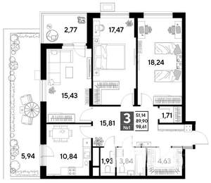 3-к квартира, строящийся дом, 99м2, 2/25 этаж