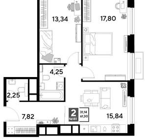 2-к квартира, строящийся дом, 61м2, 17/25 этаж