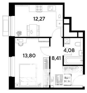1-к квартира, строящийся дом, 39м2, 22/25 этаж