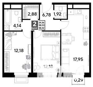 2-к квартира, строящийся дом, 58м2, 23/25 этаж