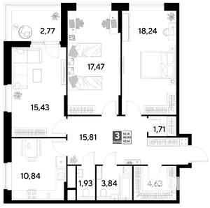 3-к квартира, строящийся дом, 93м2, 9/25 этаж