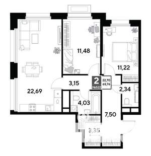 2-к квартира, строящийся дом, 66м2, 21/25 этаж