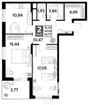 2-к квартира, строящийся дом, 67м2, 3/25 этаж
