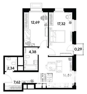 2-к квартира, строящийся дом, 61м2, 24/25 этаж