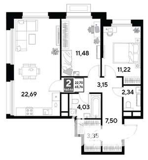 2-к квартира, строящийся дом, 66м2, 23/25 этаж