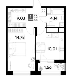 1-к квартира, строящийся дом, 40м2, 21/25 этаж