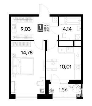 1-к квартира, строящийся дом, 40м2, 14/25 этаж