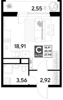 Студия квартира, строящийся дом, 28м2, 23/25 этаж
