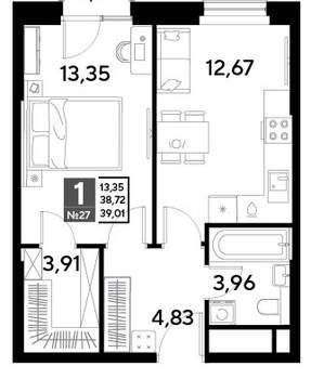 1-к квартира, вторичка, 39м2, 4/25 этаж