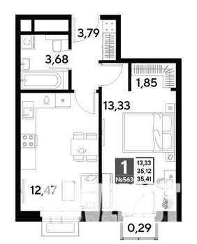 1-к квартира, строящийся дом, 35м2, 24/25 этаж