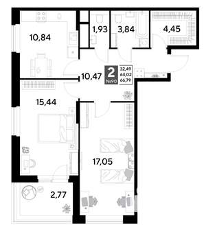 2-к квартира, строящийся дом, 67м2, 8/25 этаж