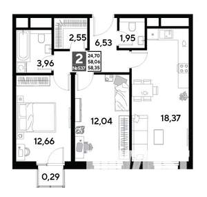 2-к квартира, строящийся дом, 58м2, 22/25 этаж