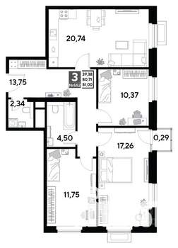 3-к квартира, строящийся дом, 81м2, 23/25 этаж