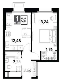 1-к квартира, строящийся дом, 35м2, 25/25 этаж