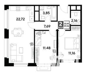 2-к квартира, строящийся дом, 59м2, 21/25 этаж