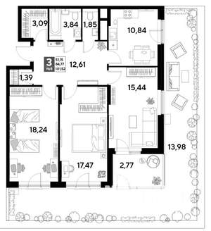 3-к квартира, строящийся дом, 102м2, 2/25 этаж