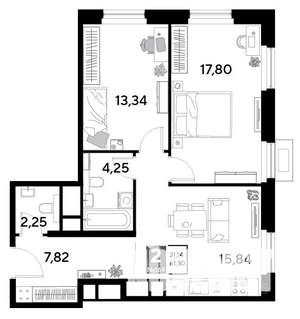 2-к квартира, строящийся дом, 61м2, 16/25 этаж