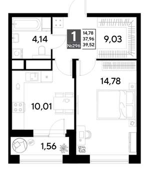 1-к квартира, строящийся дом, 40м2, 24/25 этаж