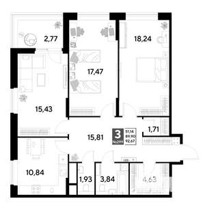 3-к квартира, строящийся дом, 93м2, 25/25 этаж