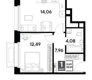 1-к квартира, строящийся дом, 39м2, 20/25 этаж
