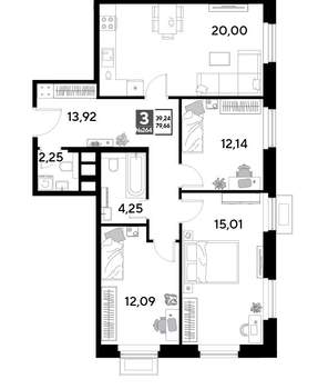 3-к квартира, строящийся дом, 80м2, 23/25 этаж