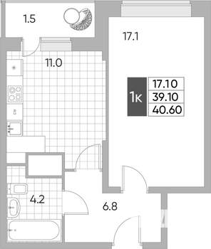 1-к квартира, вторичка, 41м2, 9/15 этаж