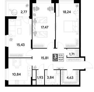 3-к квартира, строящийся дом, 93м2, 11/25 этаж