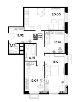3-к квартира, строящийся дом, 80м2, 23/25 этаж