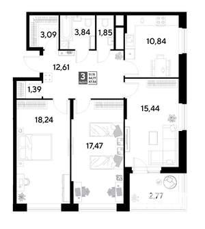 3-к квартира, строящийся дом, 88м2, 23/25 этаж