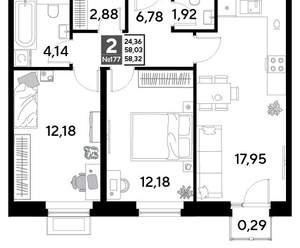 2-к квартира, строящийся дом, 58м2, 16/25 этаж