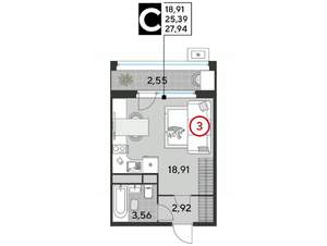 Студия квартира, вторичка, 28м2, 24/25 этаж