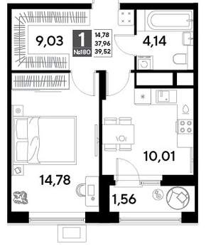 1-к квартира, вторичка, 40м2, 15/25 этаж