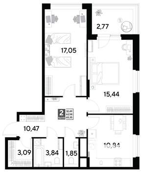 2-к квартира, строящийся дом, 65м2, 2/25 этаж