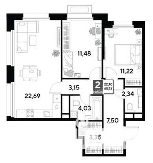 2-к квартира, строящийся дом, 66м2, 22/25 этаж