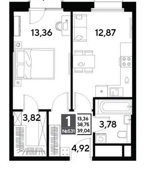 1-к квартира, вторичка, 39м2, 22/25 этаж