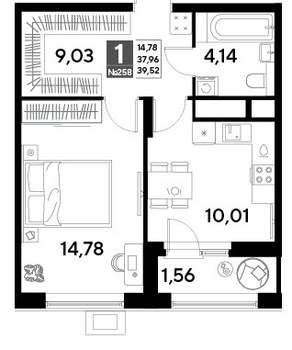 1-к квартира, строящийся дом, 40м2, 21/25 этаж