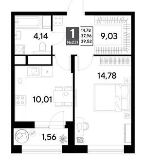 1-к квартира, строящийся дом, 40м2, 19/25 этаж