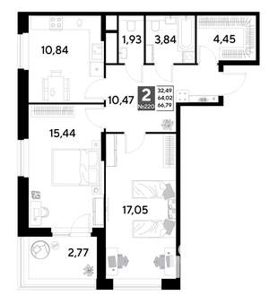 2-к квартира, строящийся дом, 67м2, 18/25 этаж