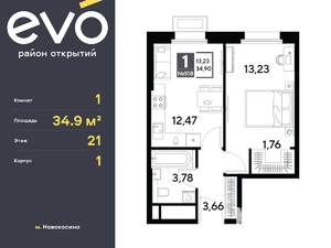 1-к квартира, вторичка, 35м2, 21/25 этаж