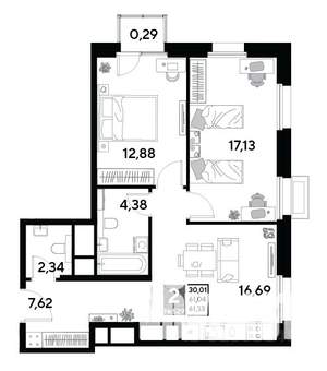 2-к квартира, строящийся дом, 61м2, 22/25 этаж