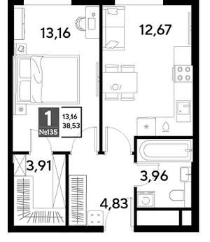 1-к квартира, строящийся дом, 39м2, 13/25 этаж
