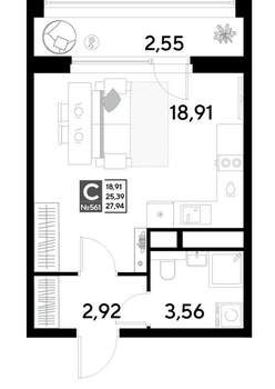 Студия квартира, строящийся дом, 28м2, 21/25 этаж