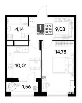 1-к квартира, строящийся дом, 40м2, 22/25 этаж